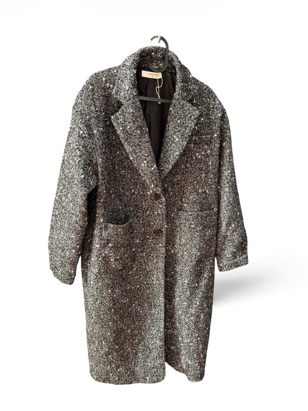 NWOT Commense Tweed Herringbone Long Coat Overcoat Size S